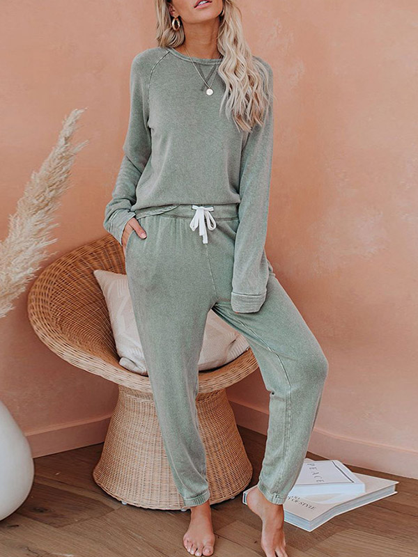 Green Round Neck Knit Loungewear Set