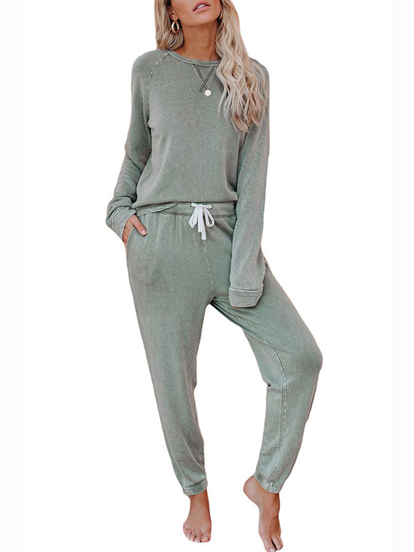 Green Round Neck Knit Loungewear Set