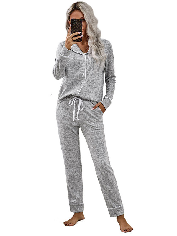 Light Grey Lapel Collar Knitted Loungewear Set