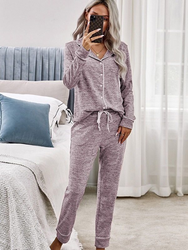 Pink Lapel Collar Knitted Loungewear Set