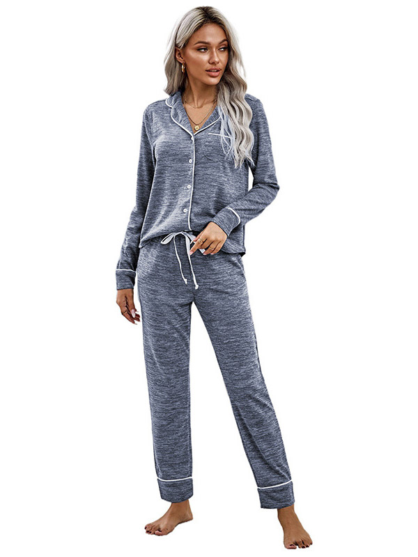 Blue Lapel Collar Knitted Loungewear Set