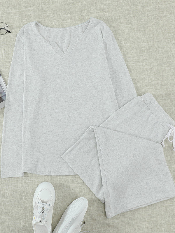 Light Grey V-neck Knitted Loungewear Set