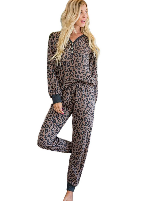 Beige Leopard Print Knit Loungewear Set