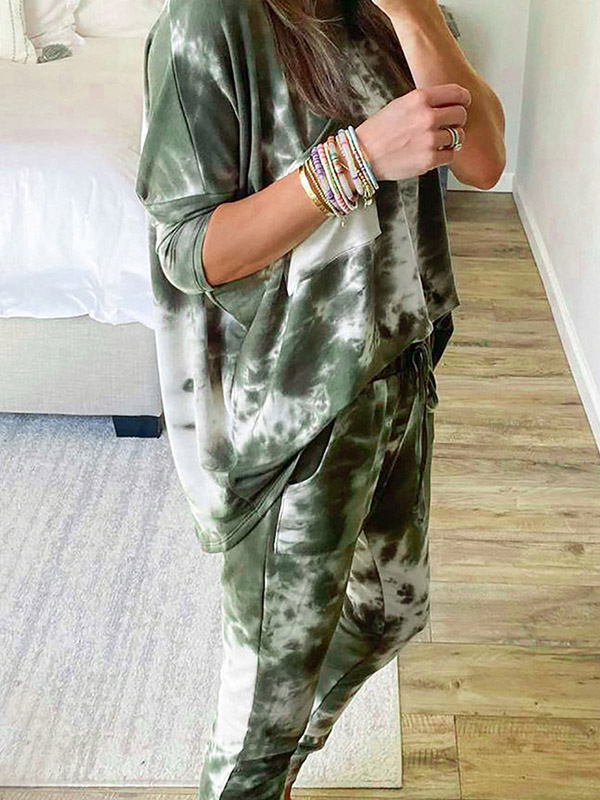 Green Gradient Print Knit Loungewear Set