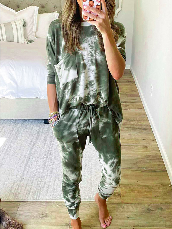 Green Gradient Print Knit Loungewear Set