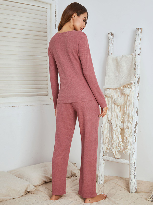 Red V Neck Knit Loungewear Set