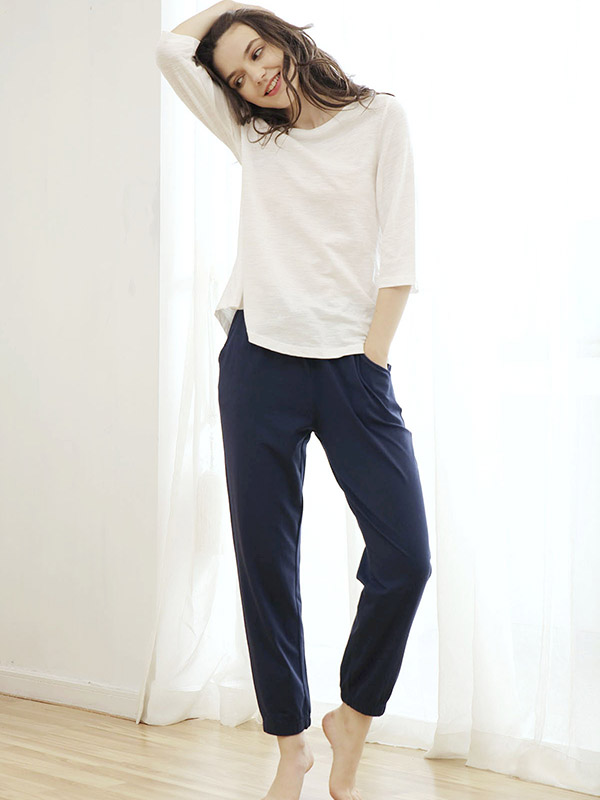 White Boat Neck 3/4 Sleeves Loungewear Set