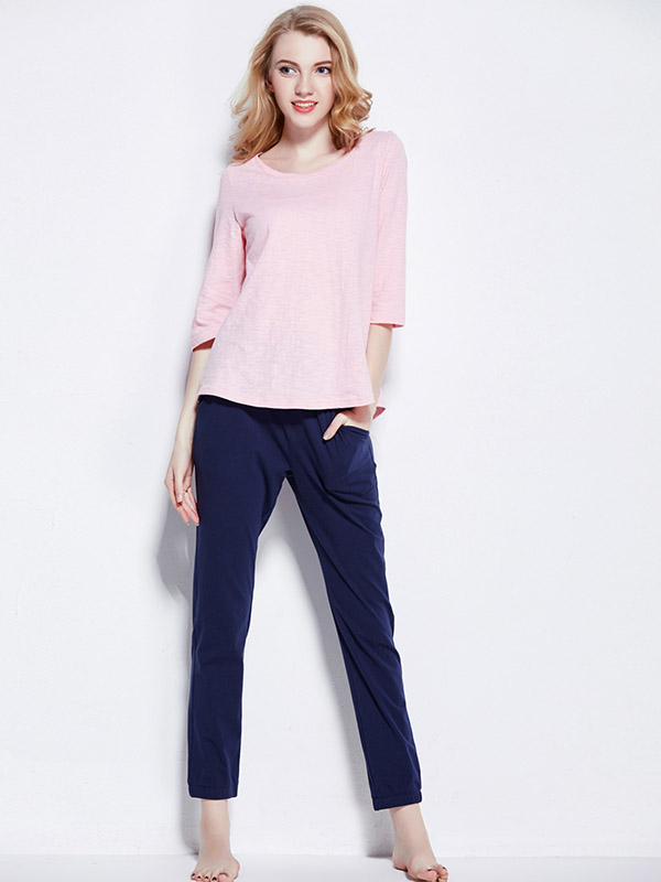 Pink Boat Neck 3/4 Sleeves Loungewear Set