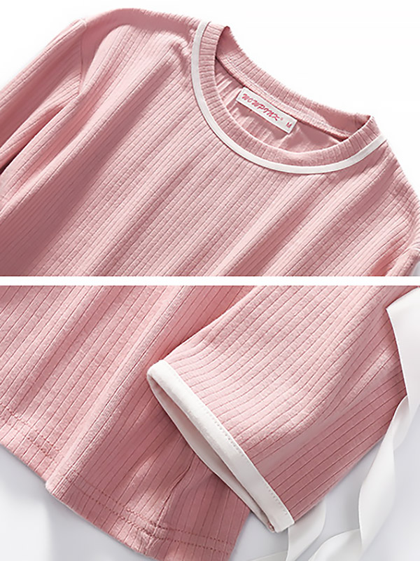 Pink Crew Neck Ribbed Style Loungewear Set