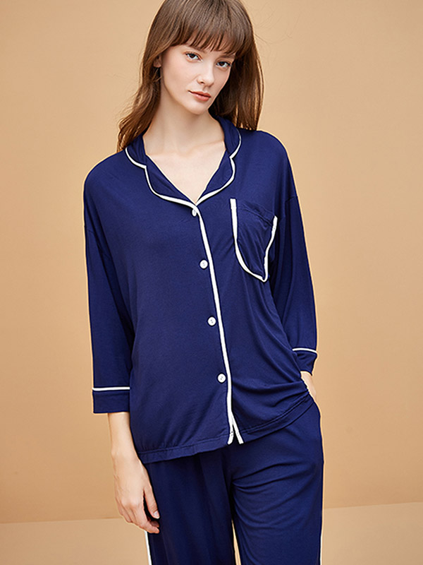 Navy Blue Modal Fabric Loungewear Set