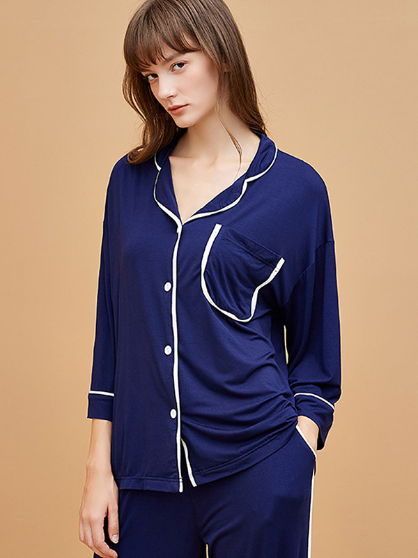 Navy Blue Modal Fabric Loungewear Set