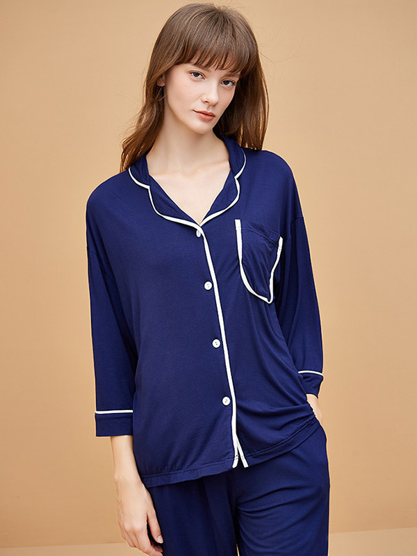 Navy Blue Modal Fabric Loungewear Set