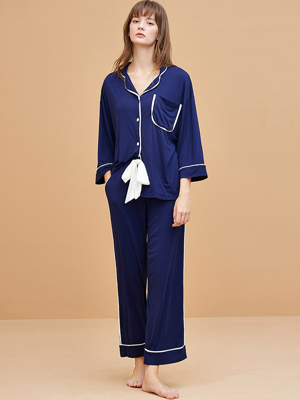 Navy Blue Modal Fabric Loungewear Set