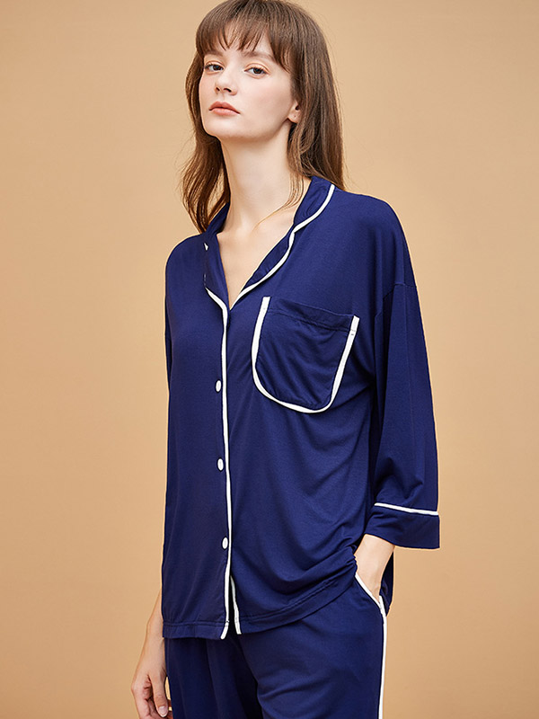 Navy Blue Modal Fabric Loungewear Set