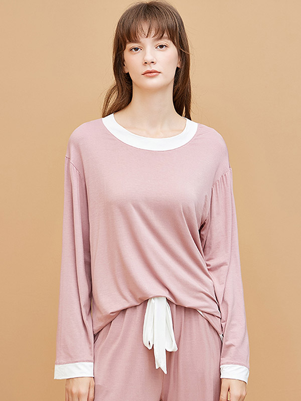 Pink Round Neck Modal Fabric Loungewear Set