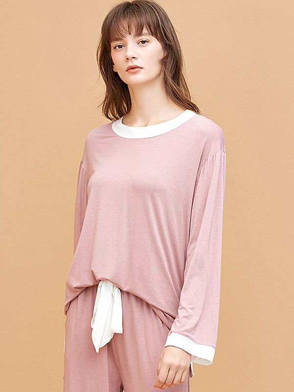 Pink Round Neck Modal Fabric Loungewear Set