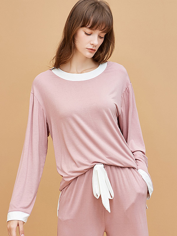 Pink Round Neck Modal Fabric Loungewear Set