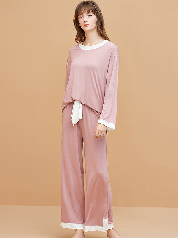 Pink Round Neck Modal Fabric Loungewear Set