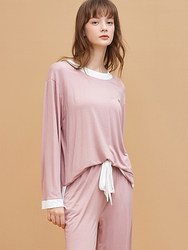 Pink Round Neck Modal Fabric Loungewear Set