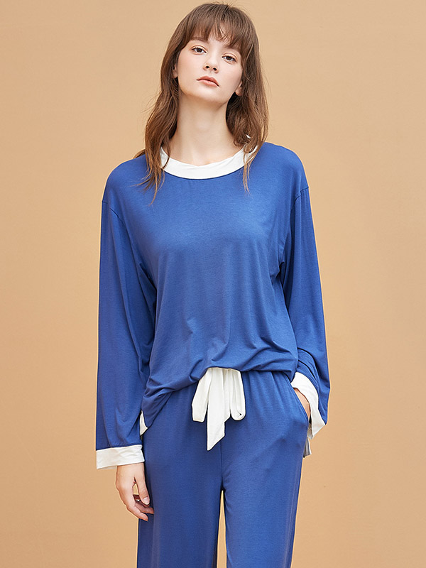 Blue Round Neck Modal Fabric Loungewear Set