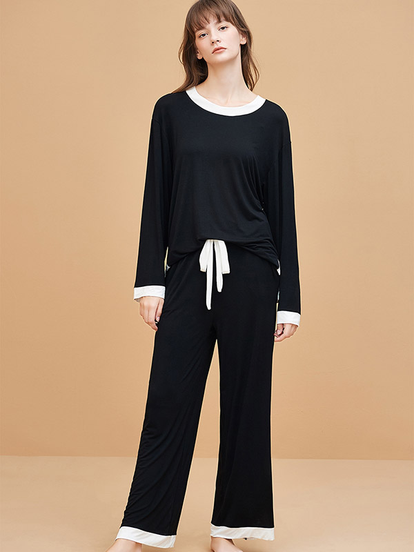 Black Round Neck Modal Fabric Loungewear Set