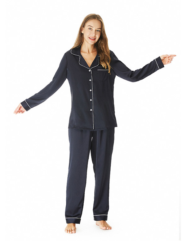 Dark Blue Lapel Collar Loungewear Set