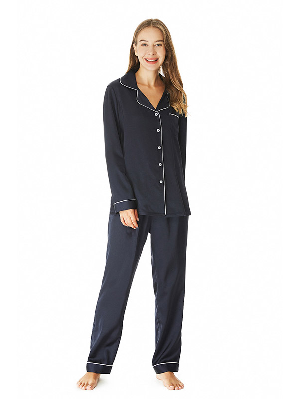 Dark Blue Lapel Collar Loungewear Set