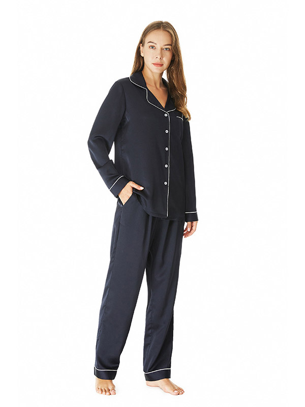 Dark Blue Lapel Collar Loungewear Set