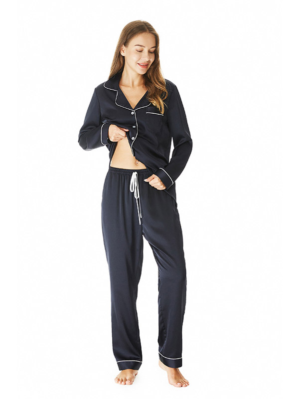 Dark Blue Lapel Collar Loungewear Set