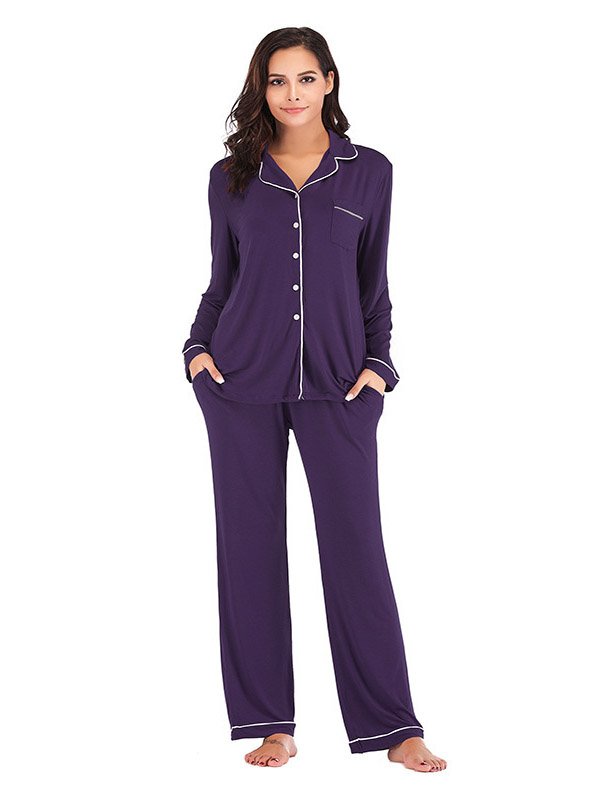 Purple Lapel Collar Modal Loungewear Set