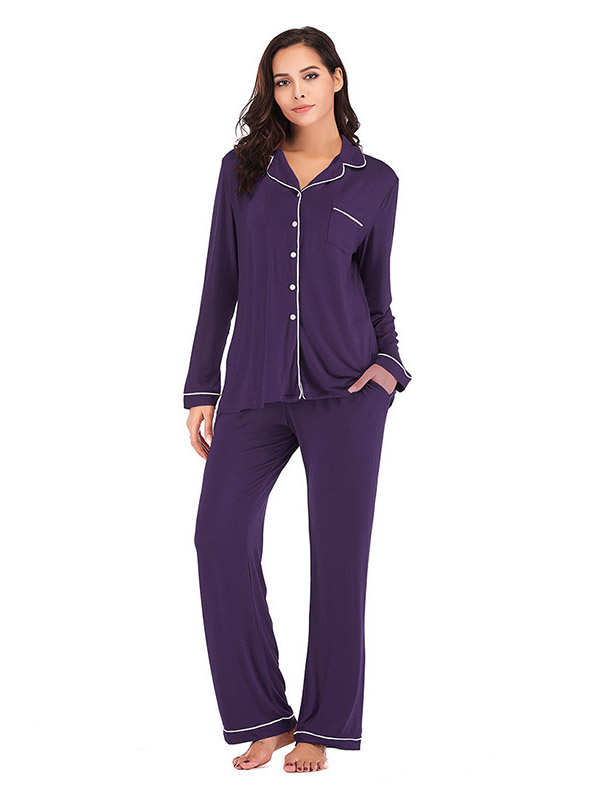 Purple Lapel Collar Modal Loungewear Set