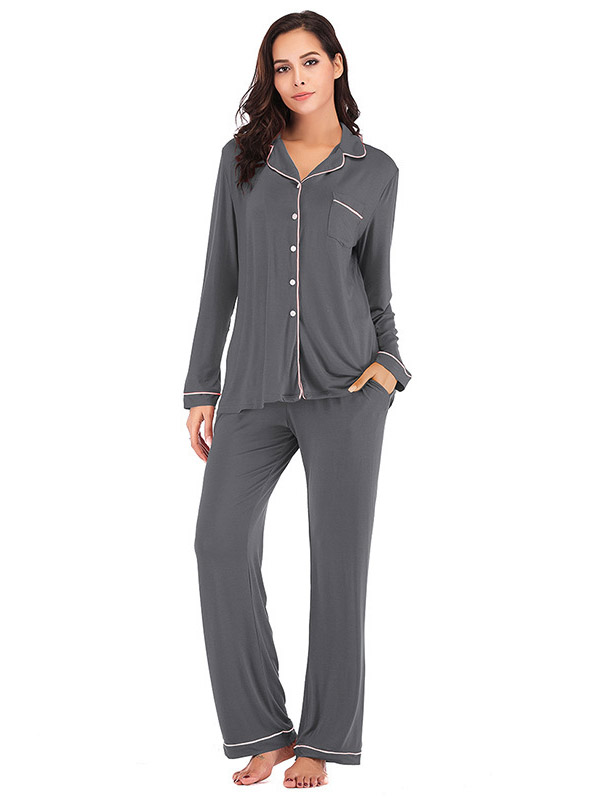 Grey Lapel Collar Modal Loungewear Set