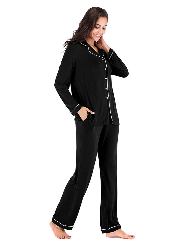 Black Lapel Collar Modal Loungewear Set