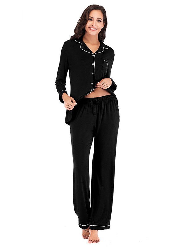 Black Lapel Collar Modal Loungewear Set