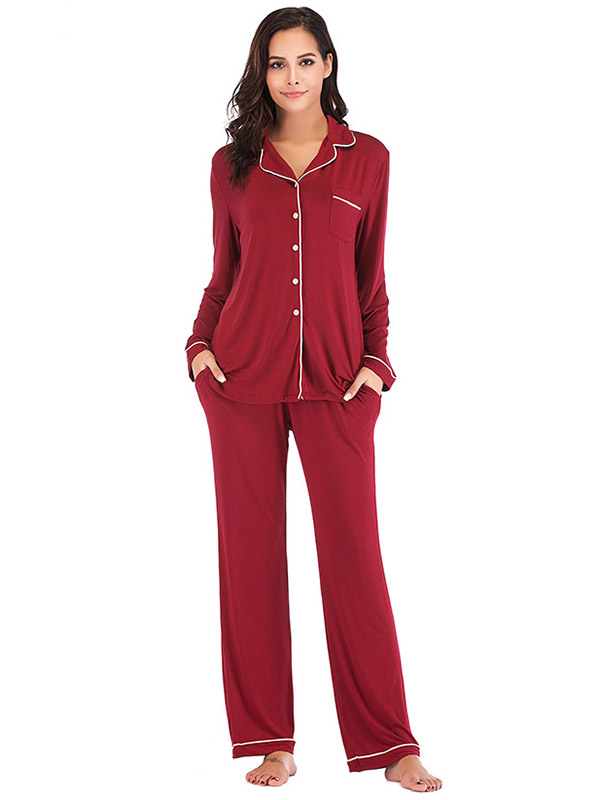 Red Lapel Collar Modal Loungewear Set