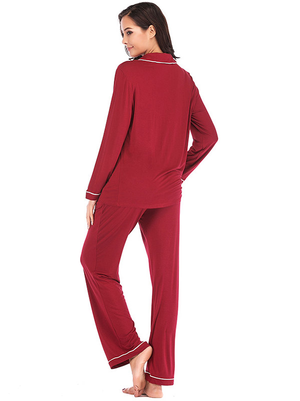 Red Lapel Collar Modal Loungewear Set