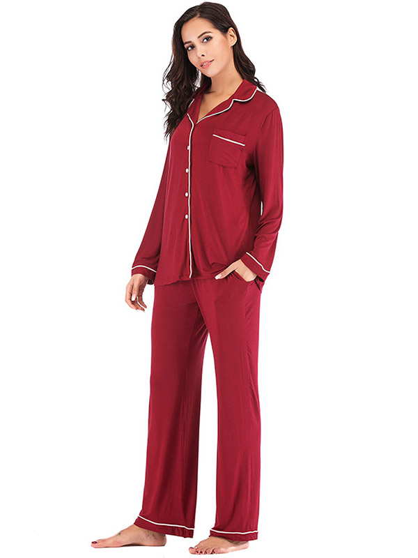 Red Lapel Collar Modal Loungewear Set