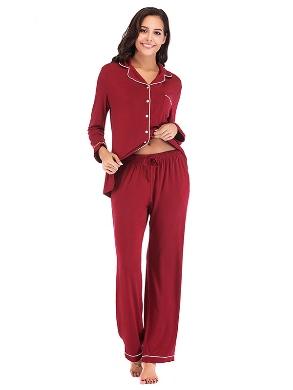 Red Lapel Collar Modal Loungewear Set