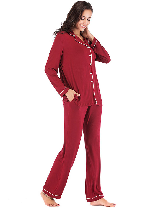 Red Lapel Collar Modal Loungewear Set