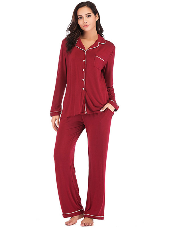 Red Lapel Collar Modal Loungewear Set