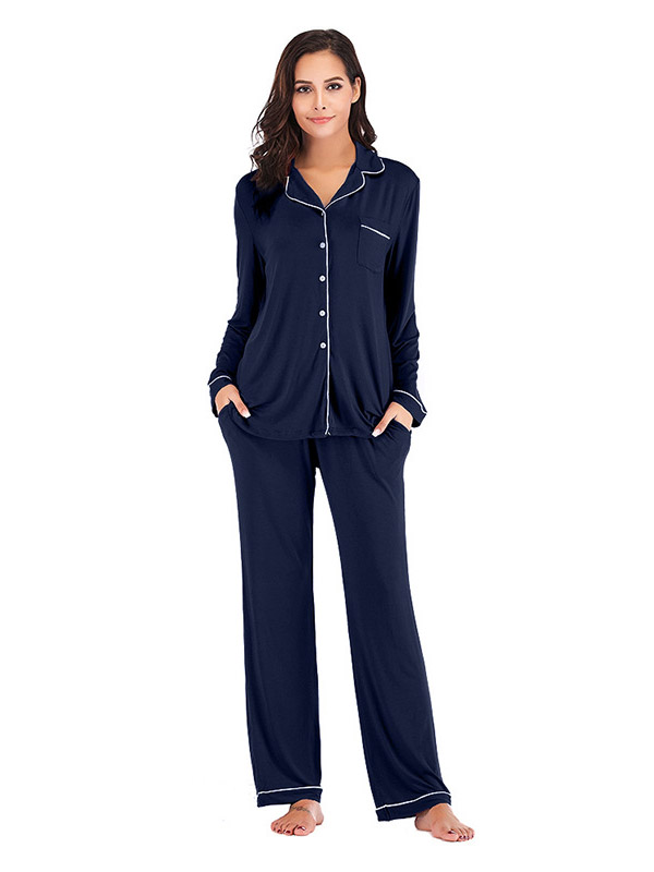 Dark Blue Lapel Collar Modal Loungewear Set