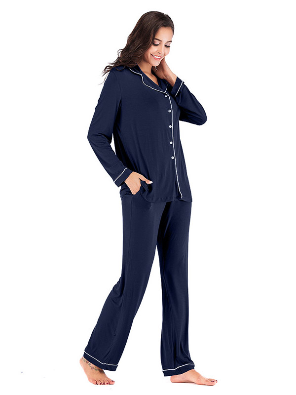 Dark Blue Lapel Collar Modal Loungewear Set