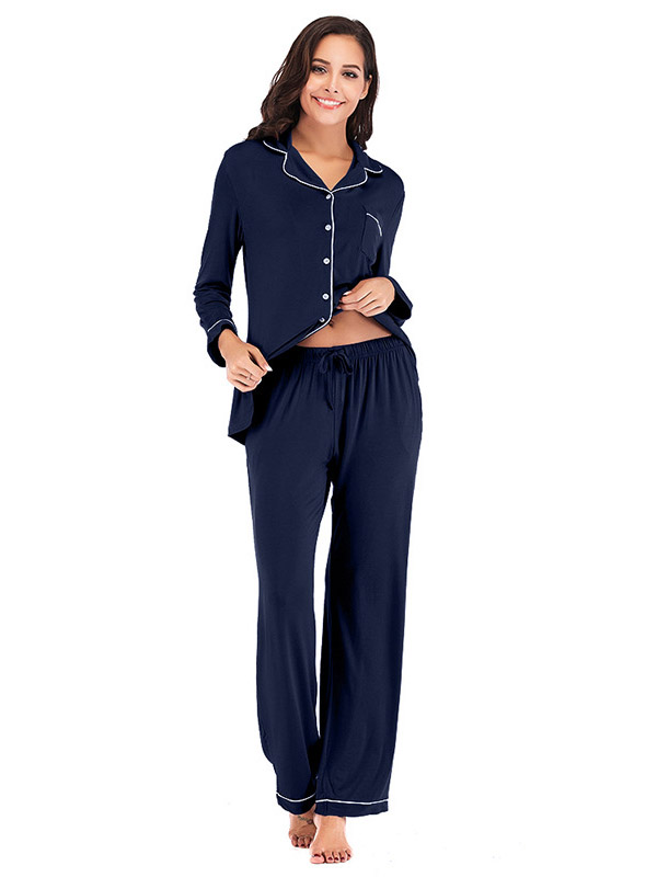 Dark Blue Lapel Collar Modal Loungewear Set