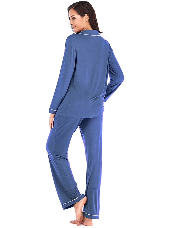 Blue Lapel Collar Modal Loungewear Set