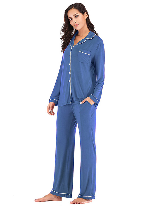 Blue Lapel Collar Modal Loungewear Set