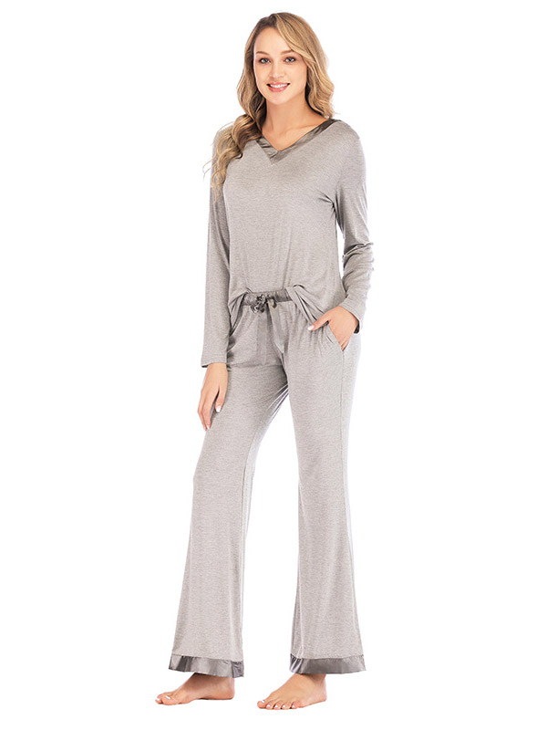 Grey V Neck Casual Knitted Set