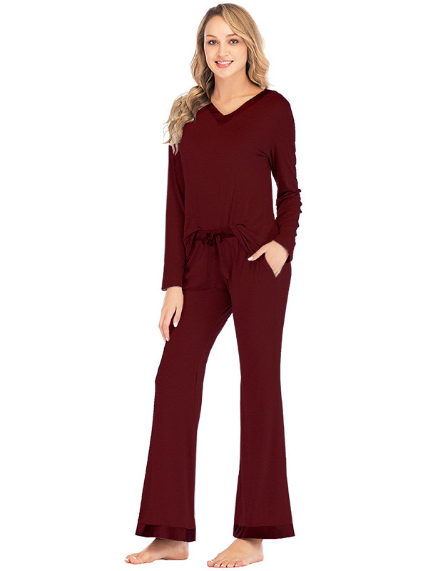 Burgundy V Neck Casual Knitted Set