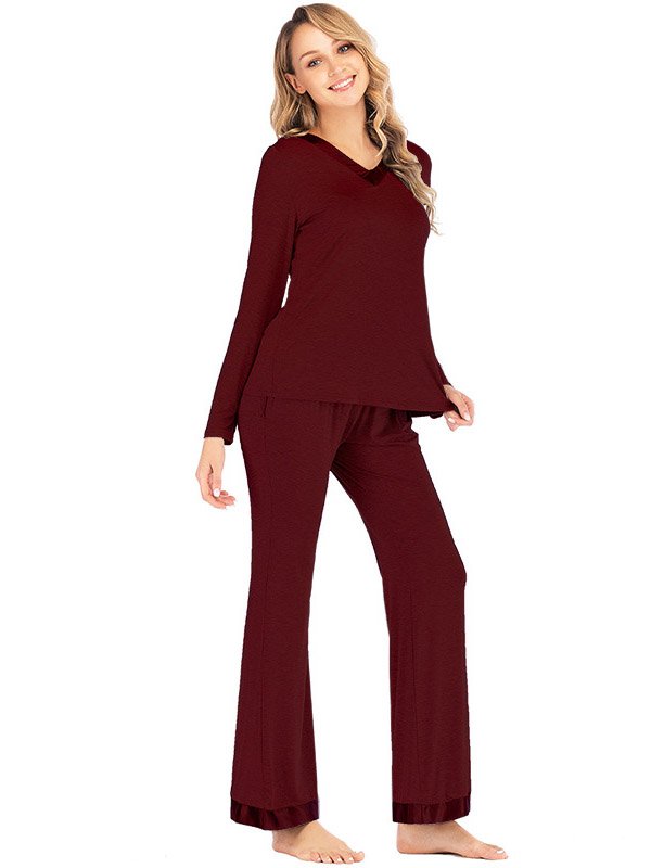 Burgundy V Neck Casual Knitted Set