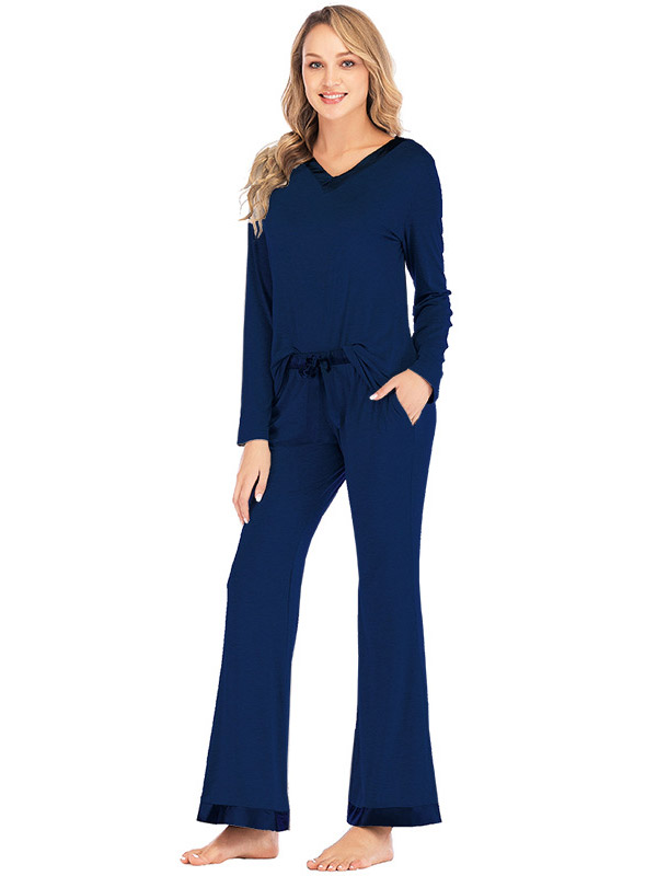 Dark Blue V Neck Casual Knitted Set