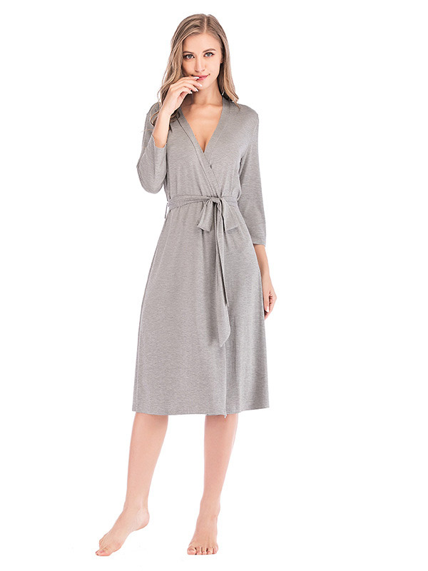 Grey V Neck 3/4 Sleeves Nightgown with Belt